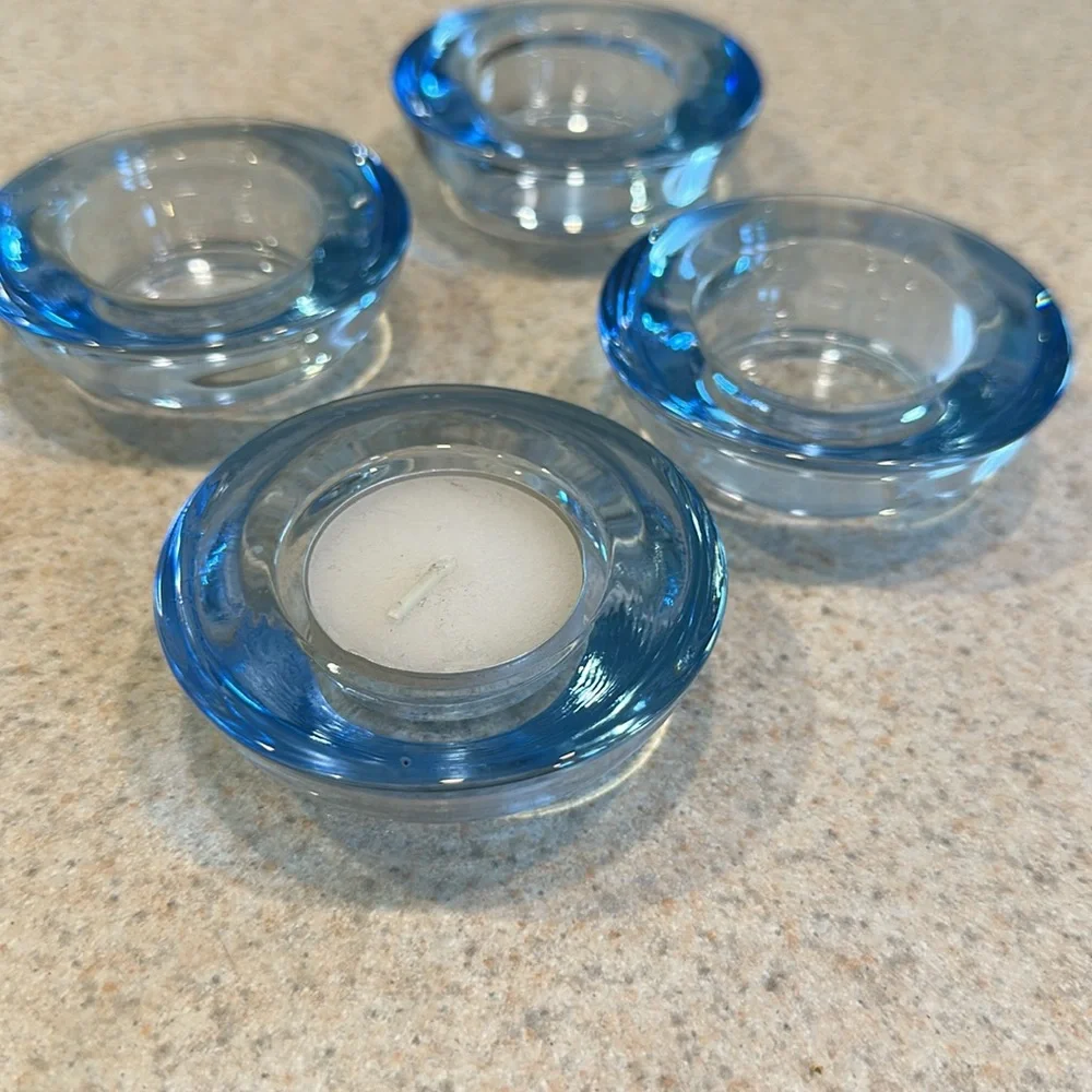 4 IKEA Retro Style Chunky Transparent Blue Glass Tea Light Candle Holders